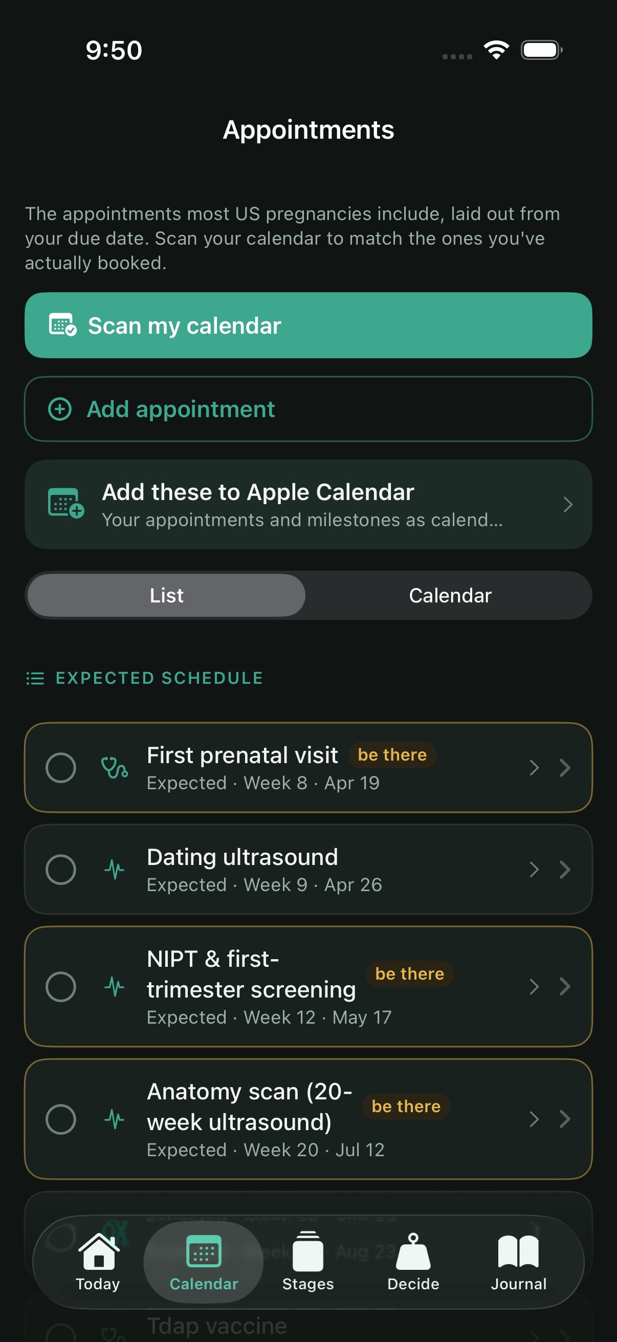 The expected prenatal appointment schedule