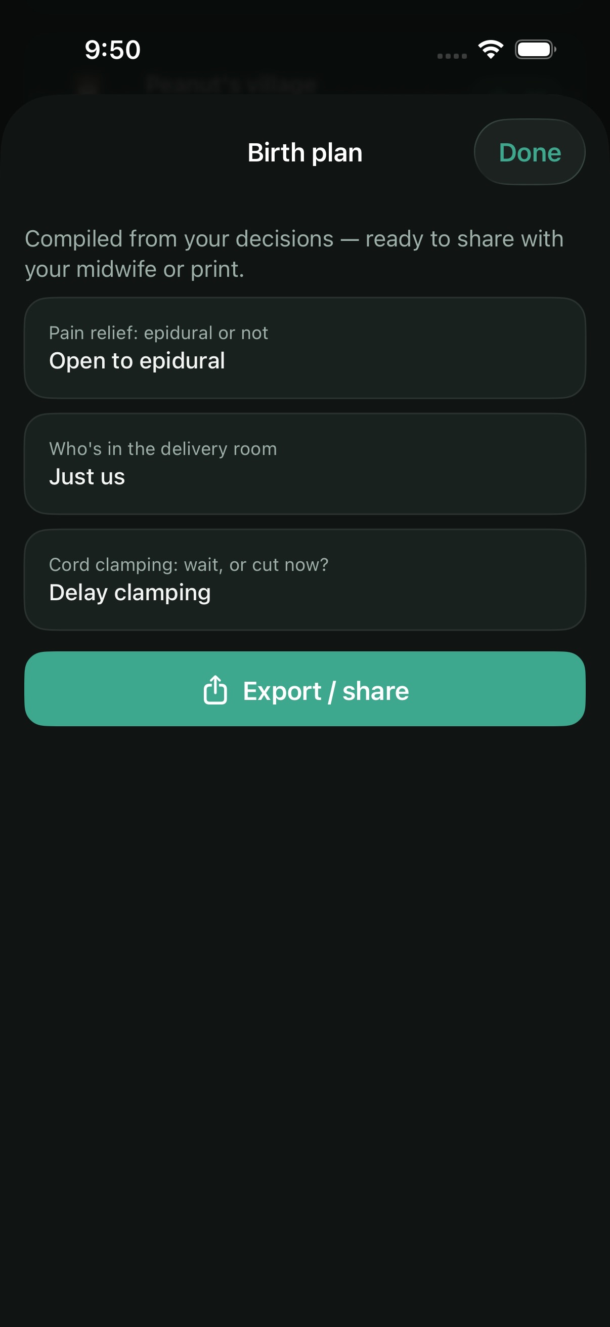 A compiled birth plan ready to export and share
