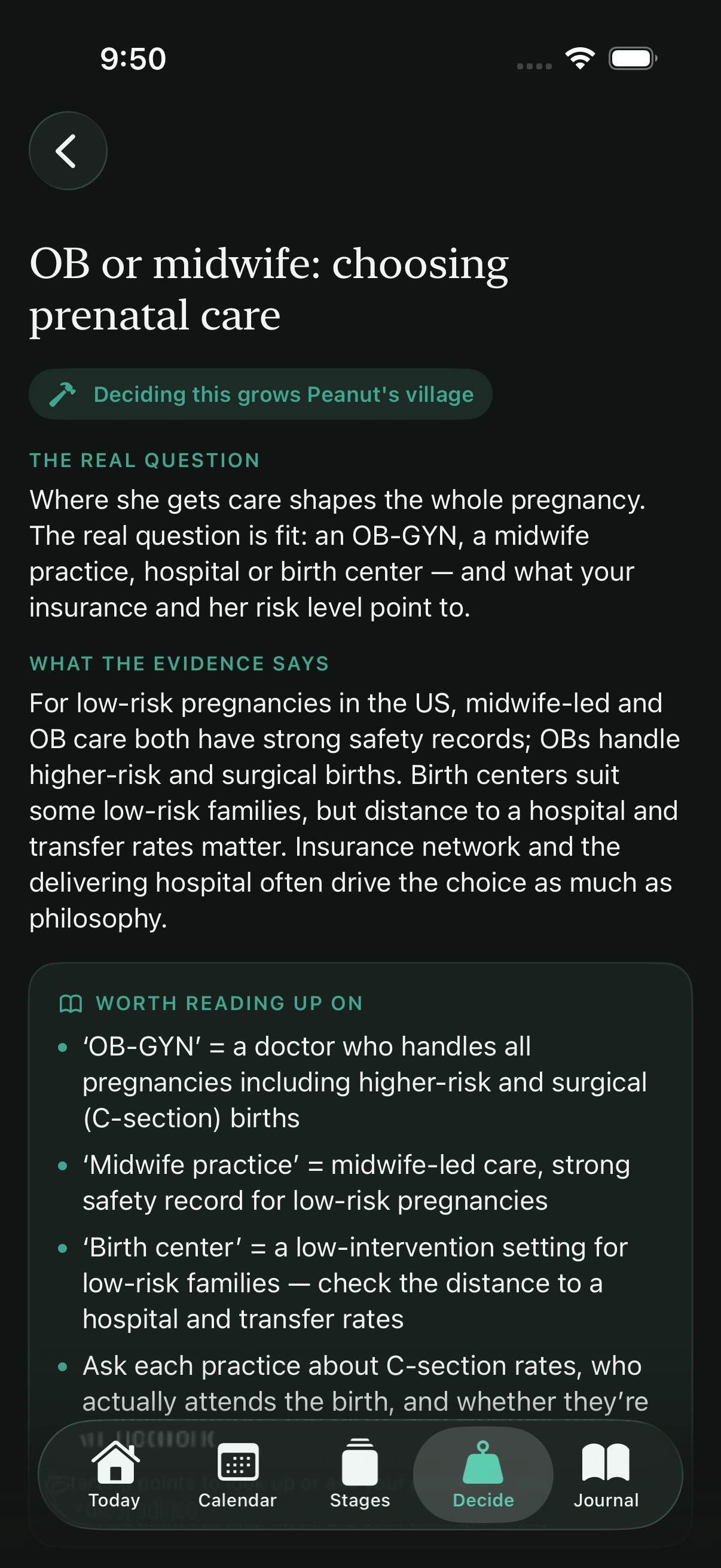 A decision detail showing the real question and what the evidence says