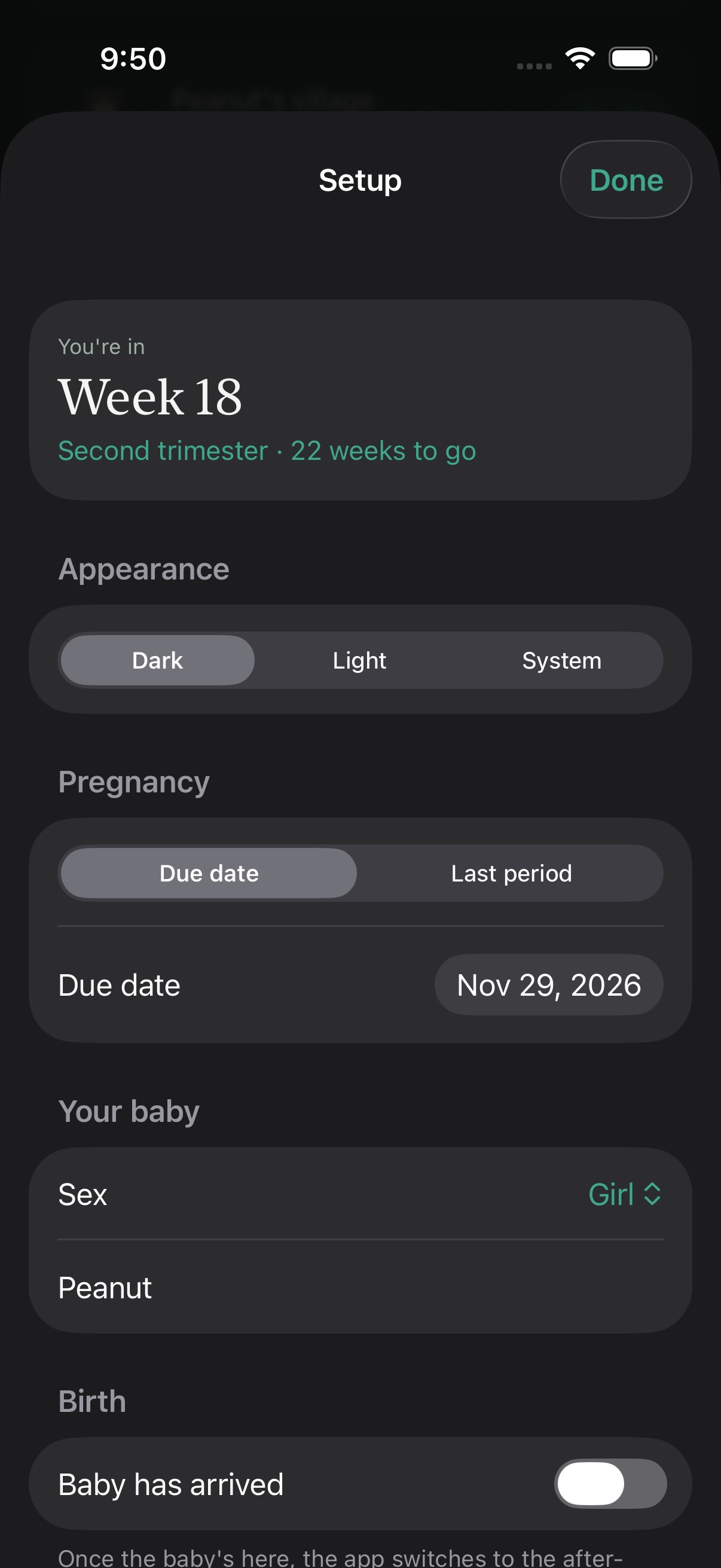 Setup screen for due date, baby details, and appearance
