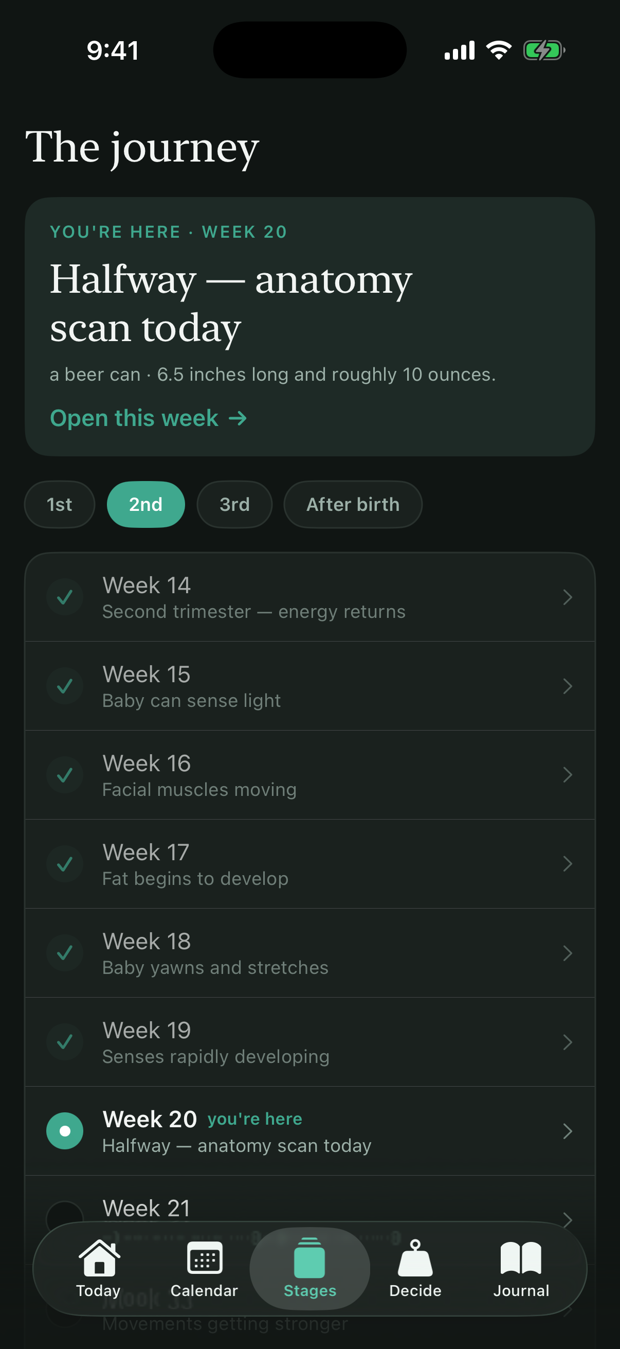 Dadoula Stages screen showing the week-by-week pregnancy journey