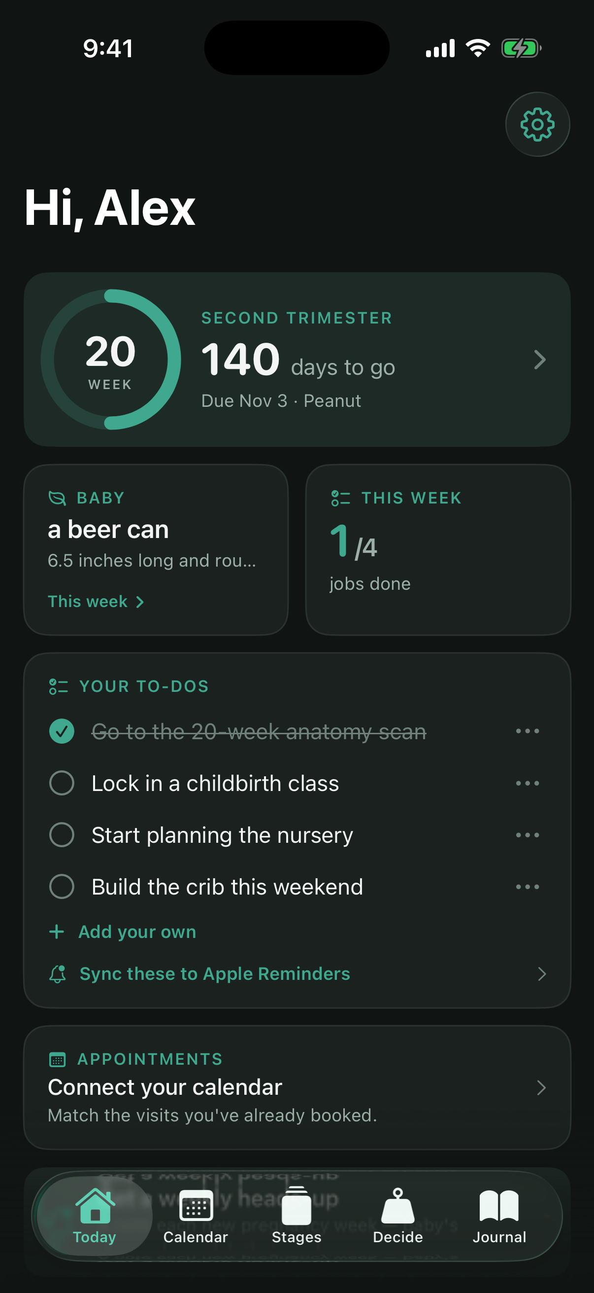 Dadoula app showing week 20 with this week's baby size, to-dos, and appointments
