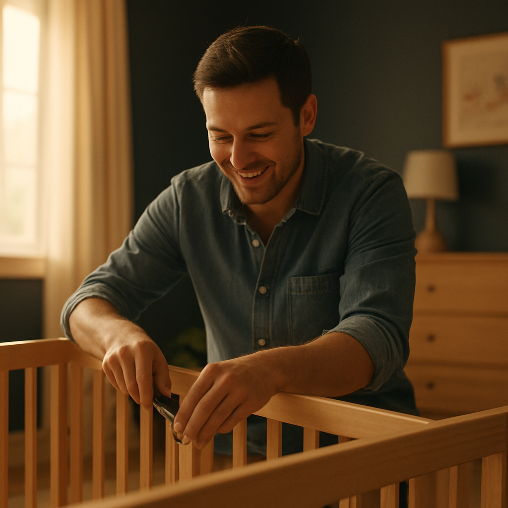 Dad-to-be building a crib in the nursery